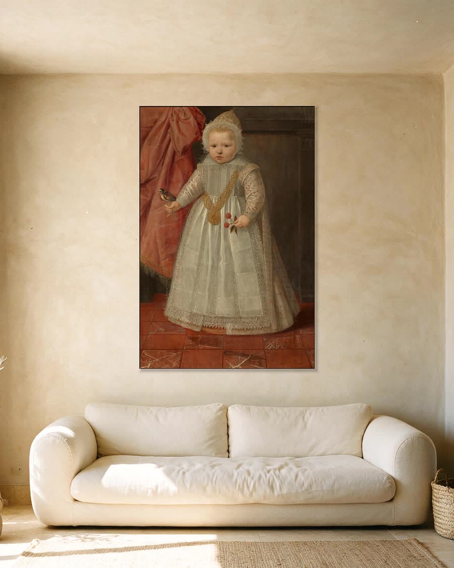 Portret van een jongetje, misschien Lodewijk van Nassau in een aluminium frame aan dezelfde muur