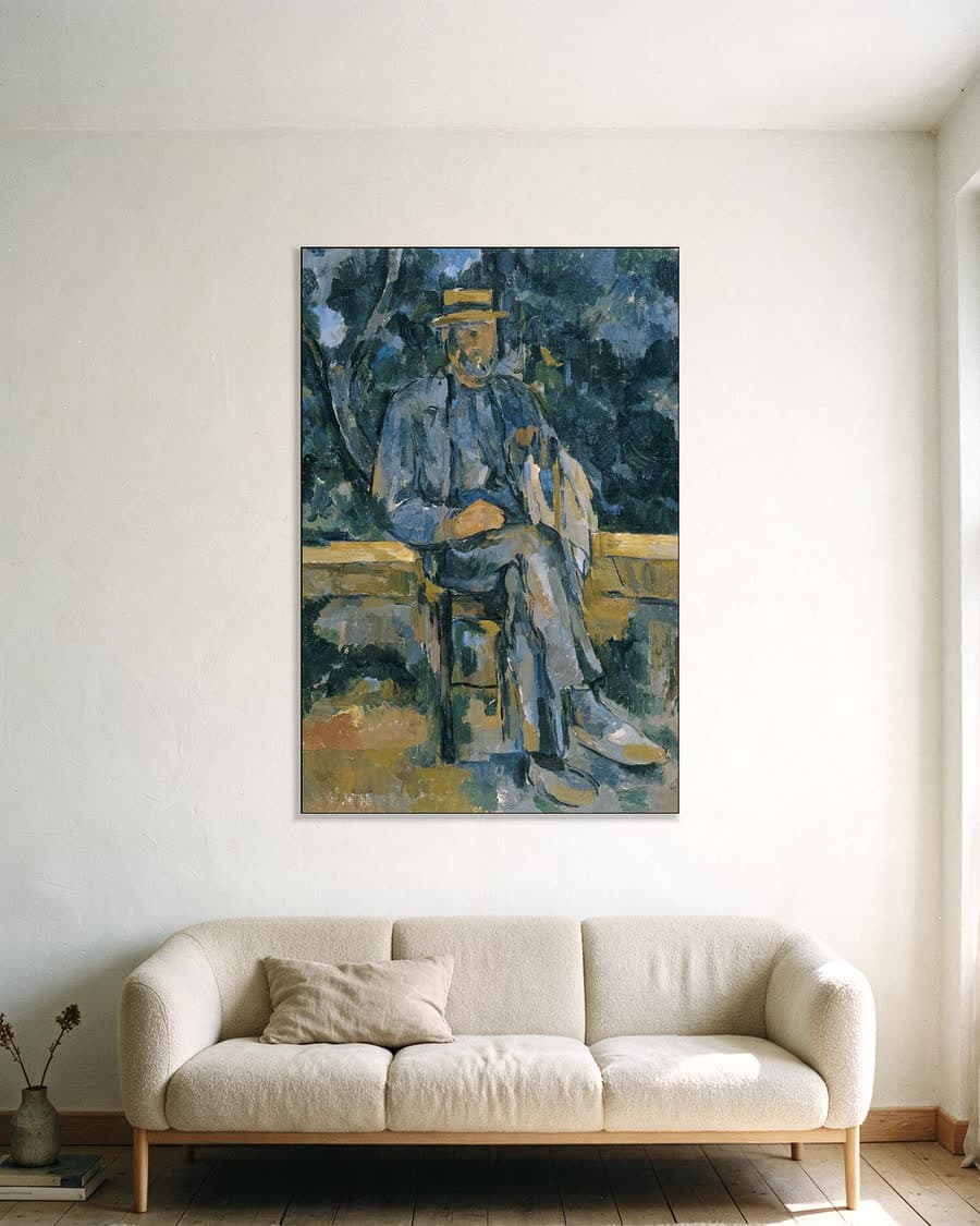 Portret van een boer in een aluminium frame aan dezelfde muur