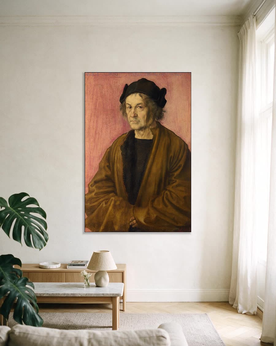 Portret van Dürers vader in een aluminium frame aan dezelfde muur
