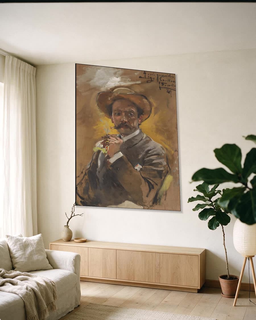 Portret van de schilder Francesco Santoro in een aluminium frame aan dezelfde muur