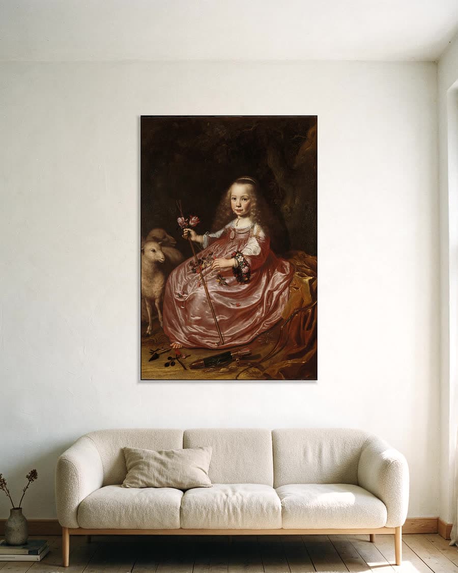 Portret van Clara Alewijn in een aluminium frame aan dezelfde muur