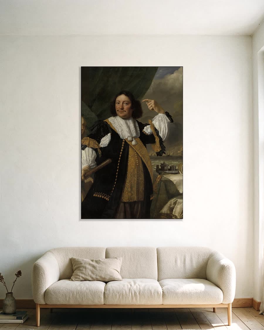 Aert van Nes, luitenant-admiraal in een aluminium frame aan dezelfde muur
