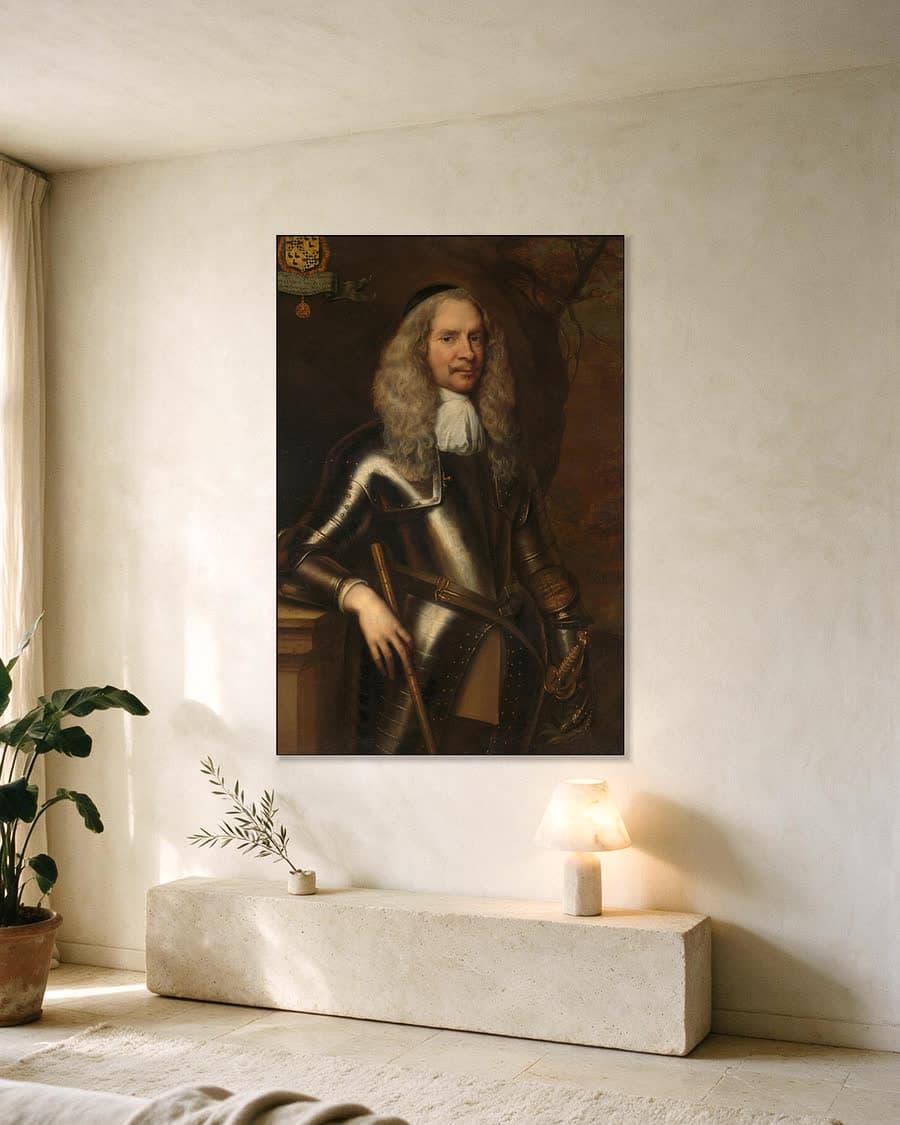Portret van Cornelis van Aerssen, heer van Sommelsdijk in een aluminium frame aan dezelfde muur