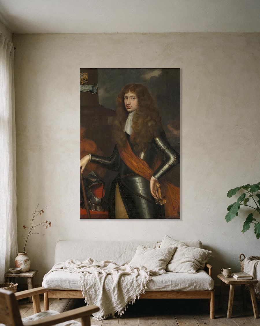 Portret van Cornelis van Aerssen, heer van Sommelsdijk in een aluminium frame aan dezelfde muur