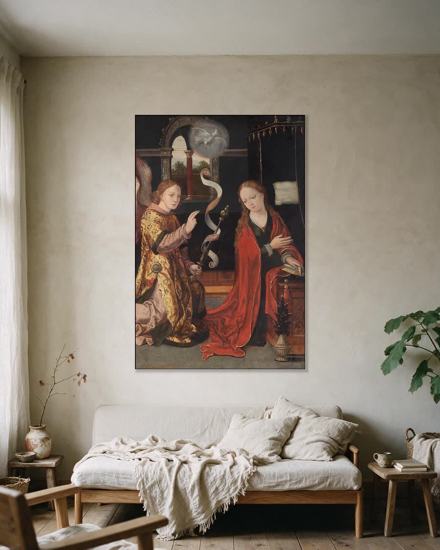 De annunciatie in een aluminium frame aan dezelfde muur