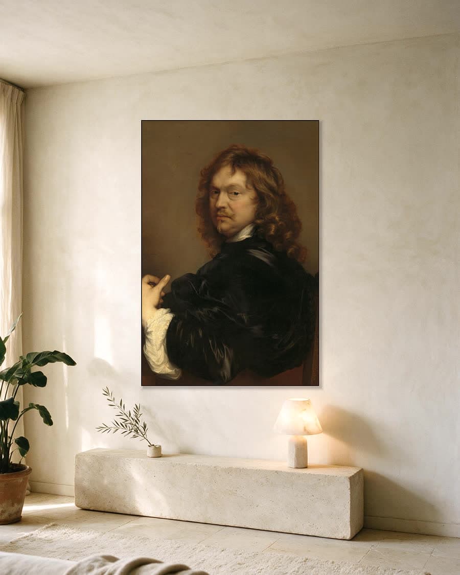 Zelfportret in een aluminium frame aan dezelfde muur