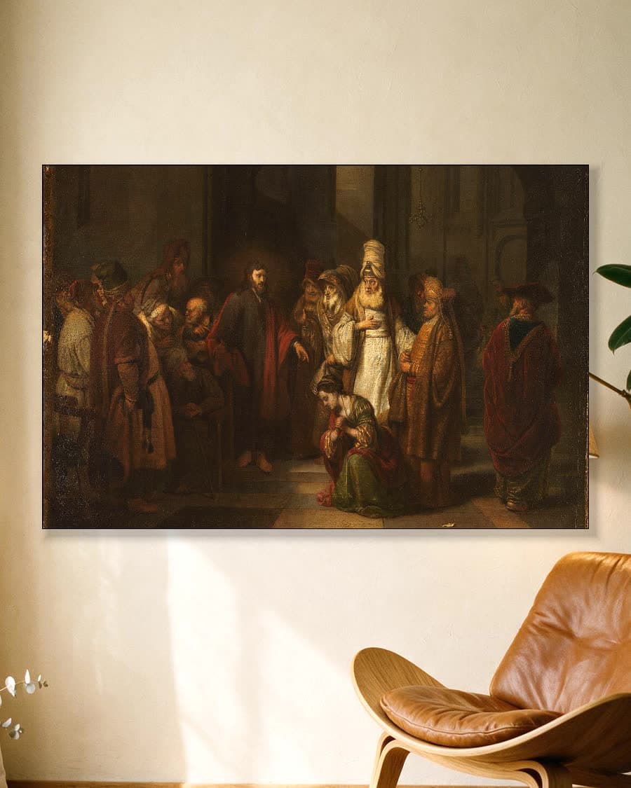 Christus en de overspelige vrouw in een aluminium frame aan dezelfde muur