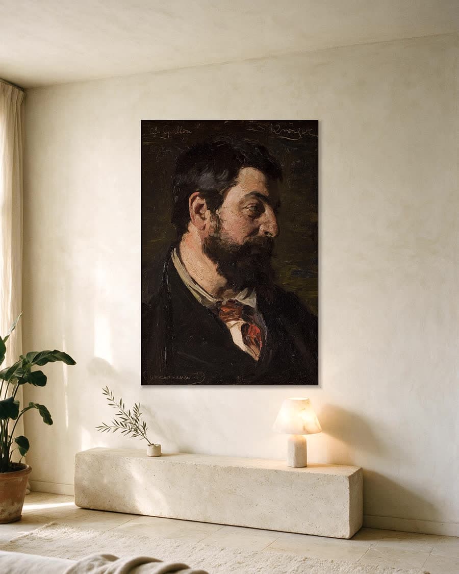 Portret van de Franse schilder Alfred Guillou in een aluminium frame aan dezelfde muur