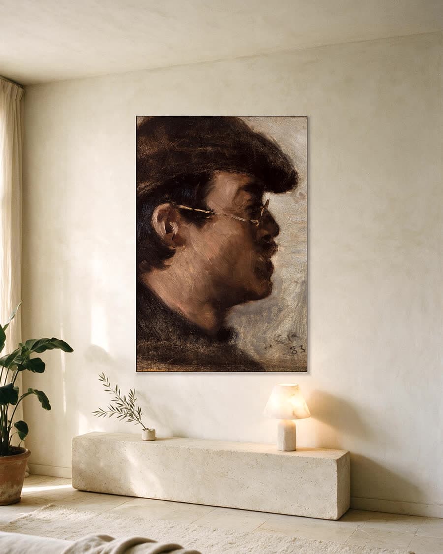 Eilif Peterssen in een aluminium frame aan dezelfde muur