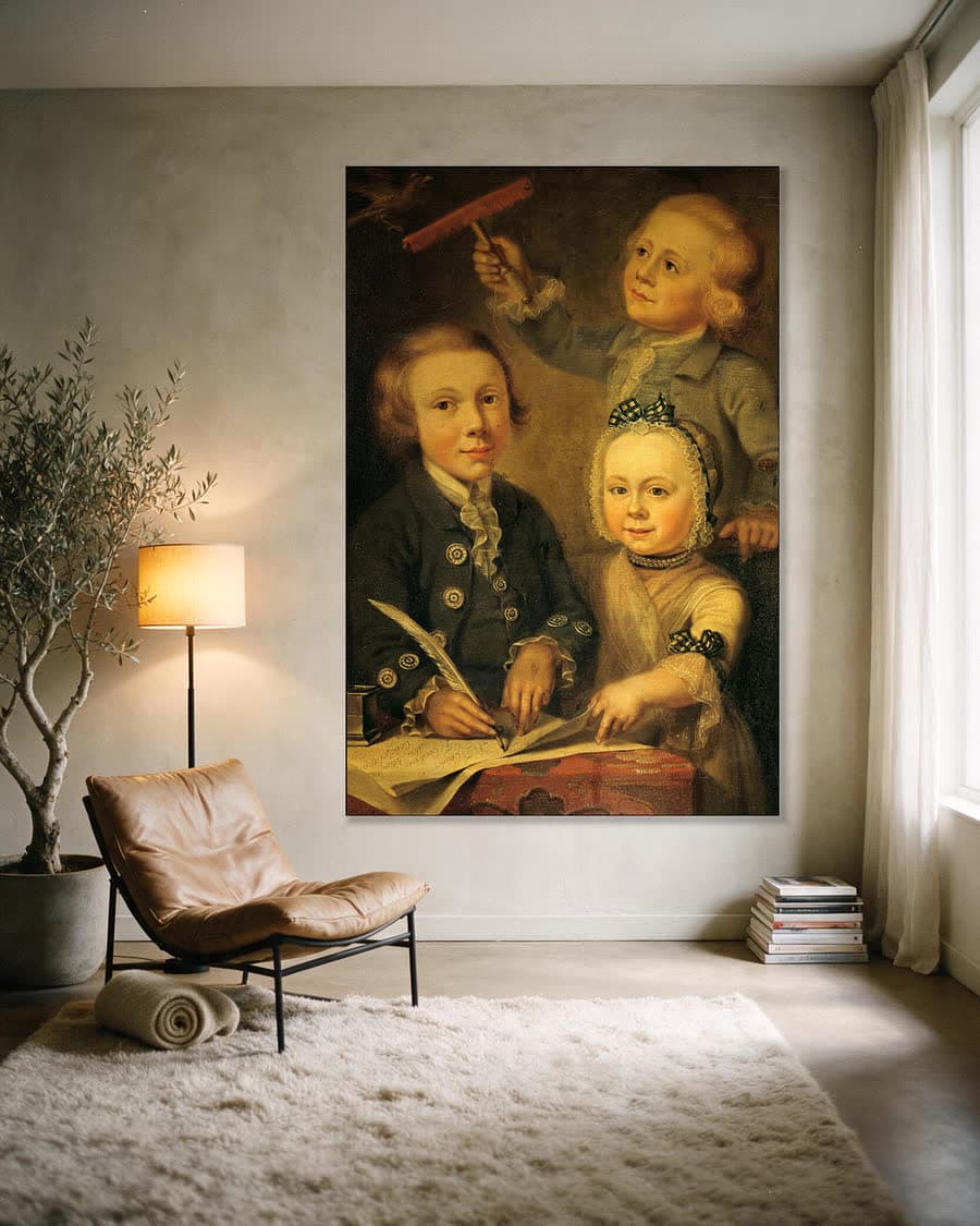 Portret van de kinderen van Barend Goudriaan in een aluminium frame aan dezelfde muur