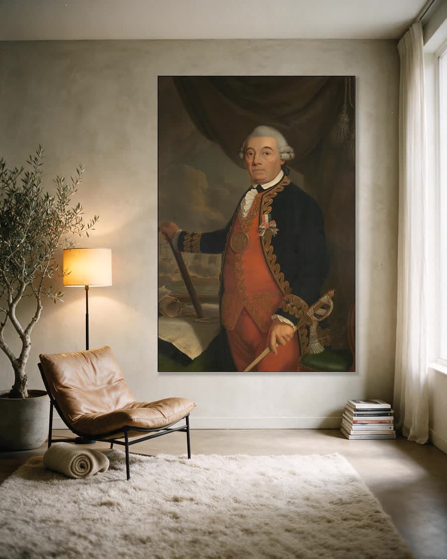 Portret van Johan Arnold Zoutman in een aluminium frame aan dezelfde muur