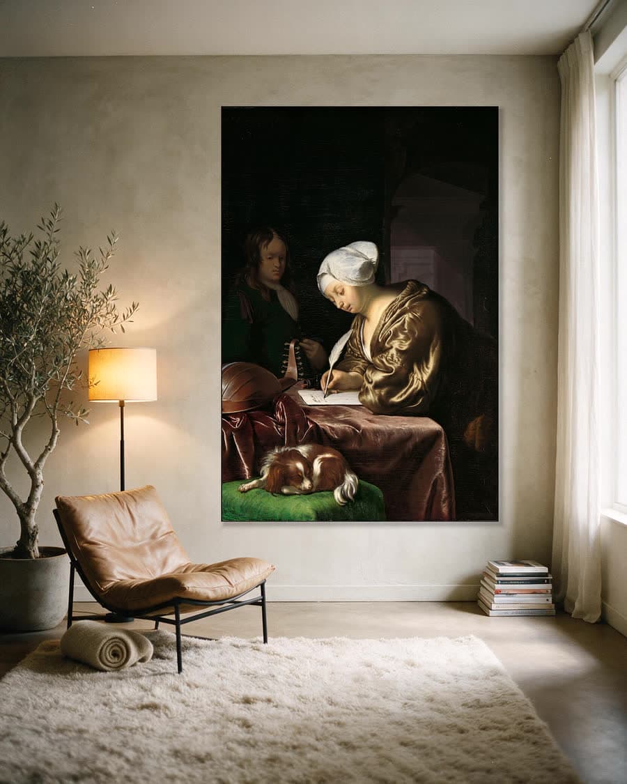De briefschrijver in een aluminium frame aan dezelfde muur