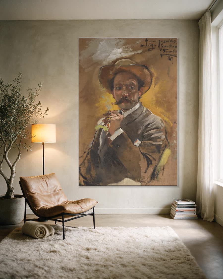 Portret van de schilder Francesco Santoro in een aluminium frame aan dezelfde muur