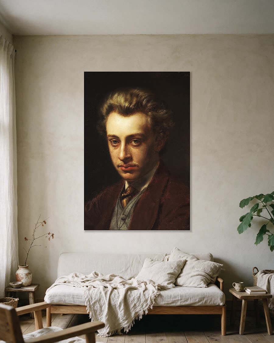 Portret van de schilder Frans Schwartz in een aluminium frame aan dezelfde muur
