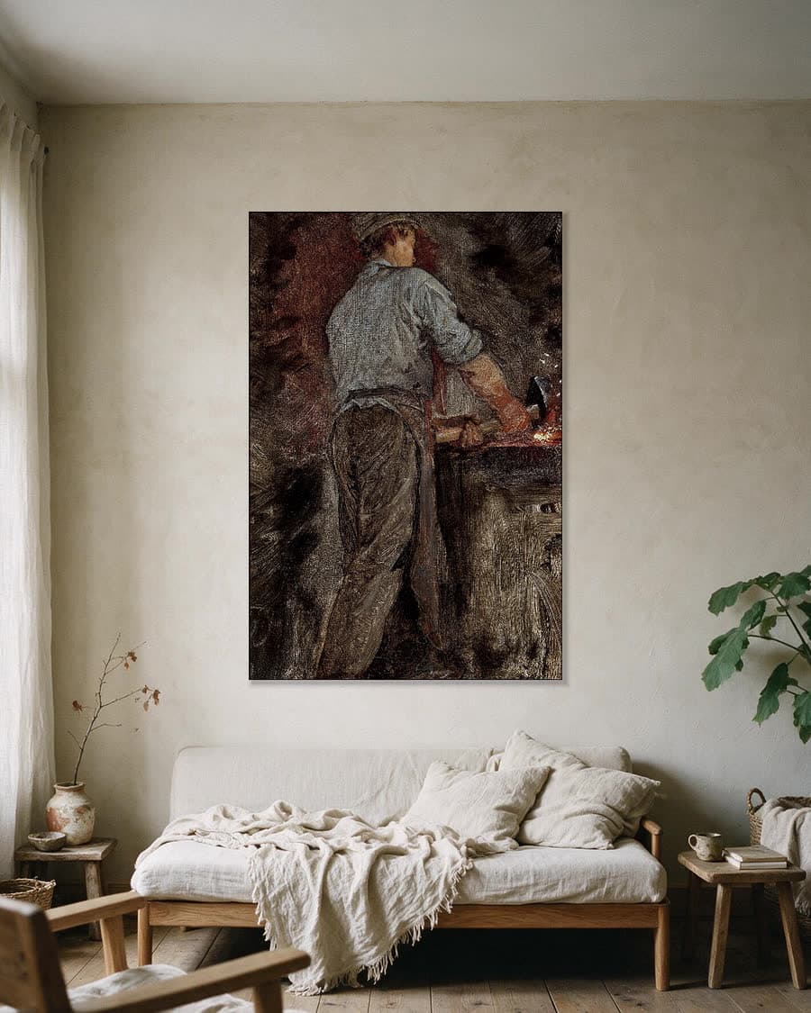 Een smid, van achteren gezien in een aluminium frame aan dezelfde muur