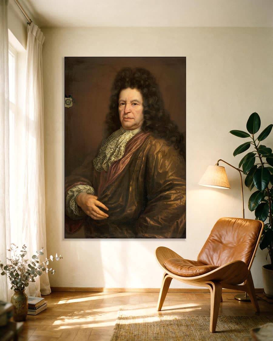 Portret van Diederik van Hogendorp (1625-1702) in een aluminium frame aan dezelfde muur