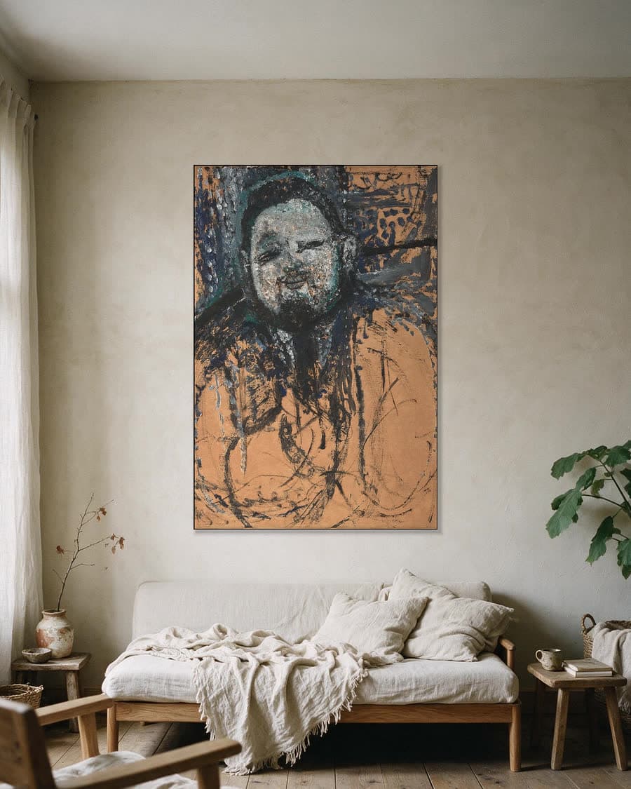 Portret van Diego Rivera in een aluminium frame aan dezelfde muur