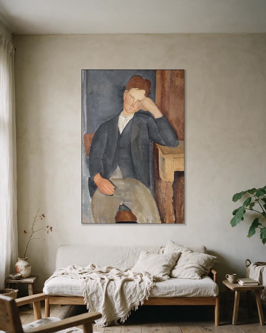 De jonge leerling in een aluminium frame aan dezelfde muur