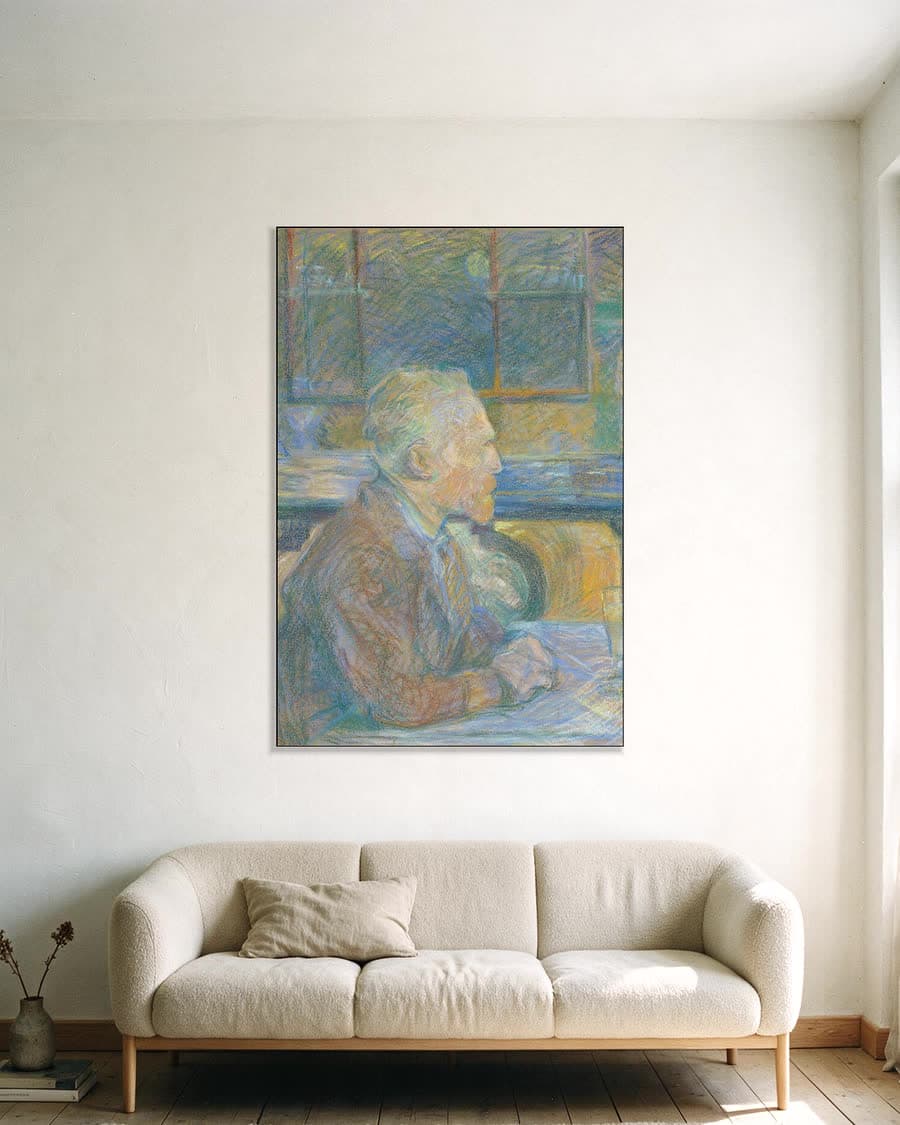 Portret van Toulouse-Lautrec in een aluminium frame aan dezelfde muur