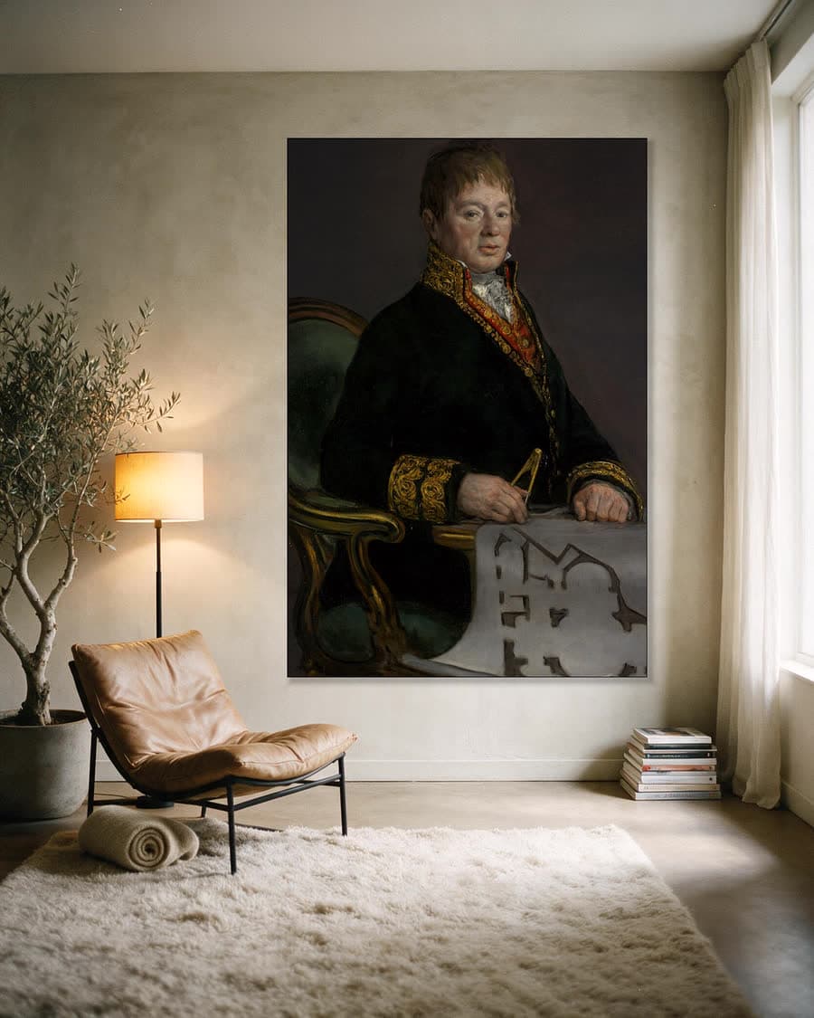 Portret van Don Juan Antonio Cuervo in een aluminium frame aan dezelfde muur