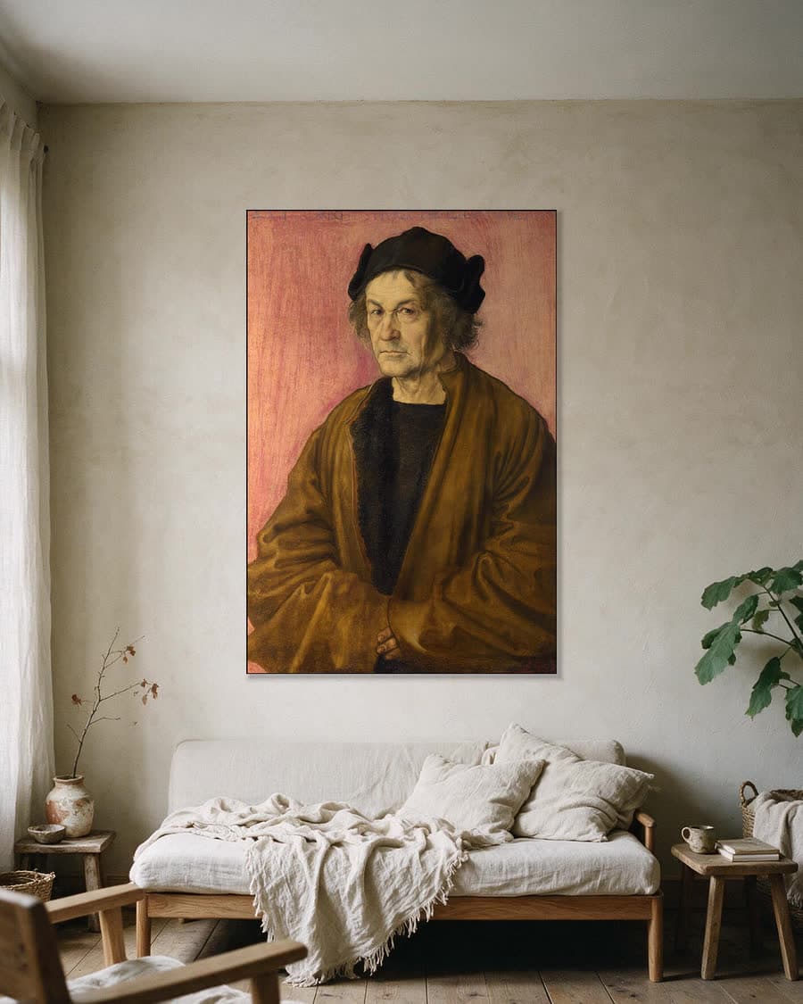 Portret van Dürers vader in een aluminium frame aan dezelfde muur
