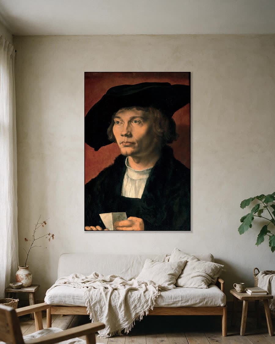 Portret van Bernhart von Reesen in een aluminium frame aan dezelfde muur