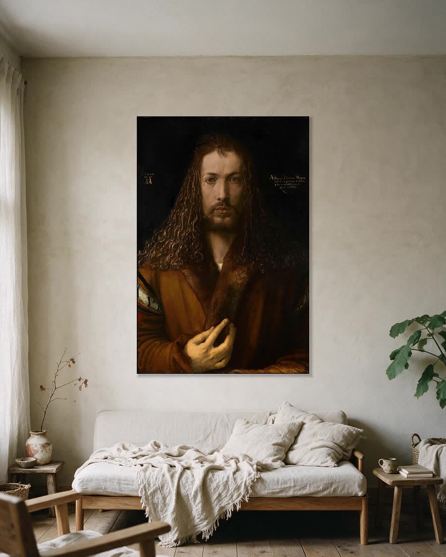 Zelfportret met bontkraag in een aluminium frame aan dezelfde muur