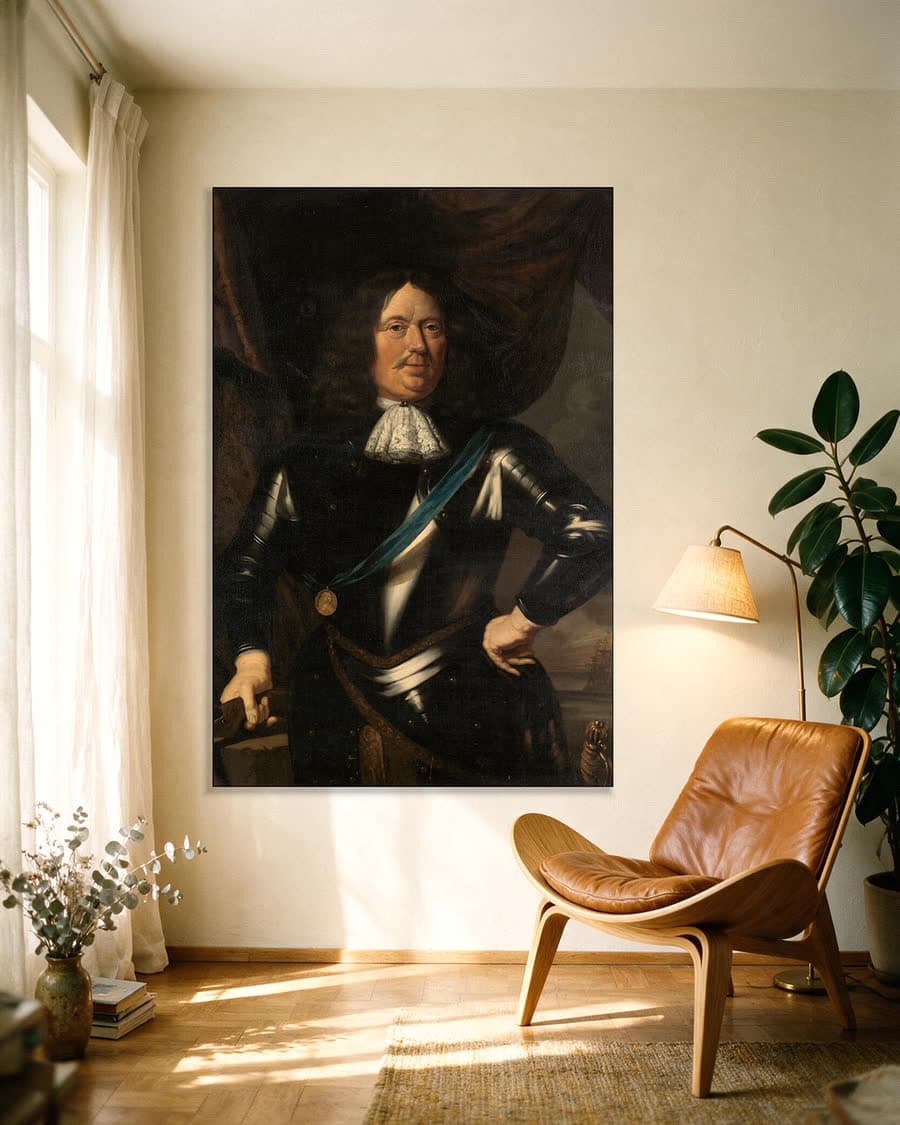 Portret van een admiraal, vermoedelijk Adriaen Banckert in een aluminium frame aan dezelfde muur