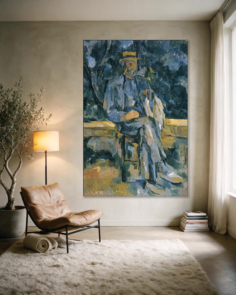 Portret van een boer in een aluminium frame aan dezelfde muur