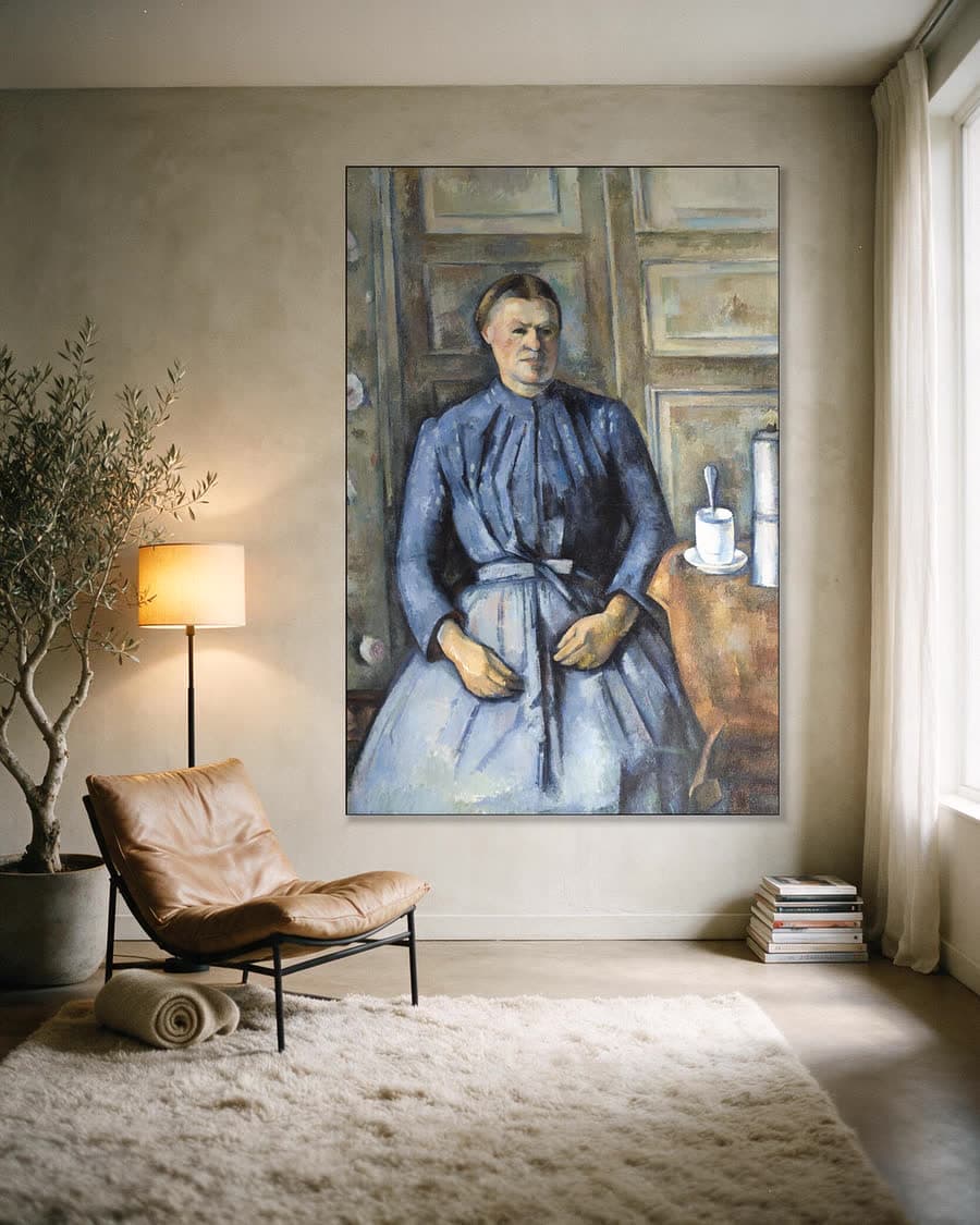 Vrouw met koffiekan in een aluminium frame aan dezelfde muur