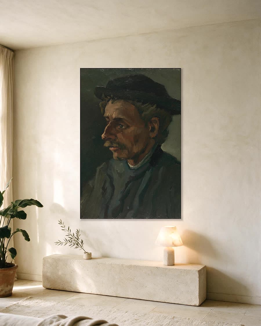 Kop van een man in een aluminium frame aan dezelfde muur