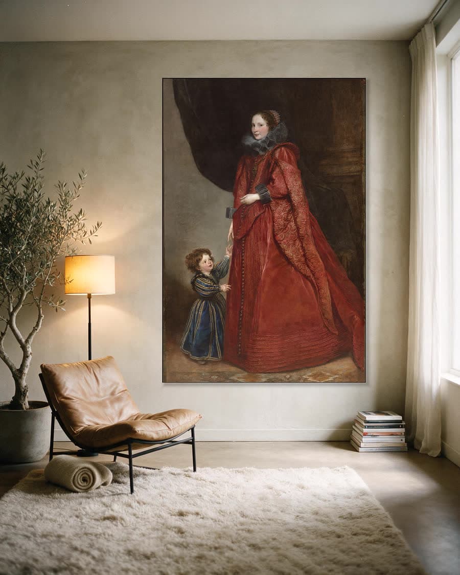 Genuese dame met haar kind in een aluminium frame aan dezelfde muur