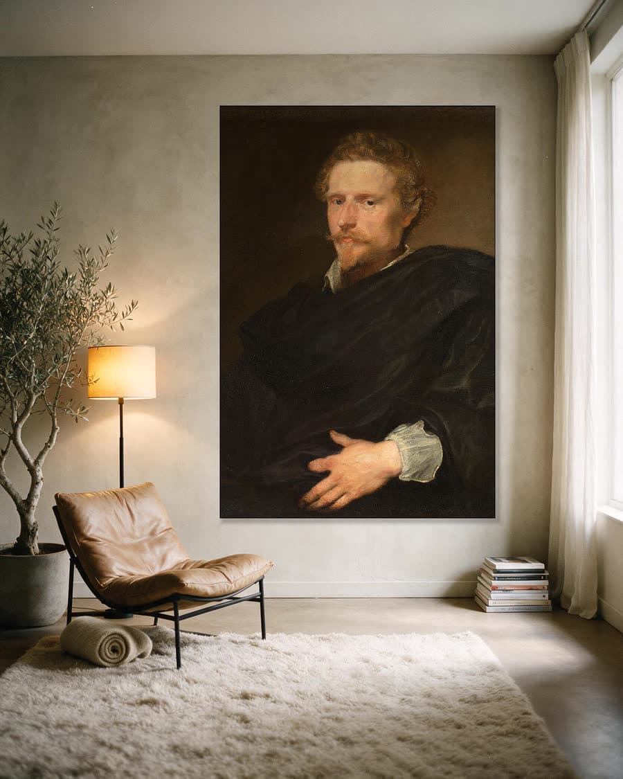 Portret van een man in een aluminium frame aan dezelfde muur
