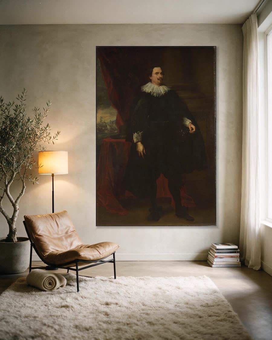 Portret van een man uit de familie Van der Borght in een aluminium frame aan dezelfde muur
