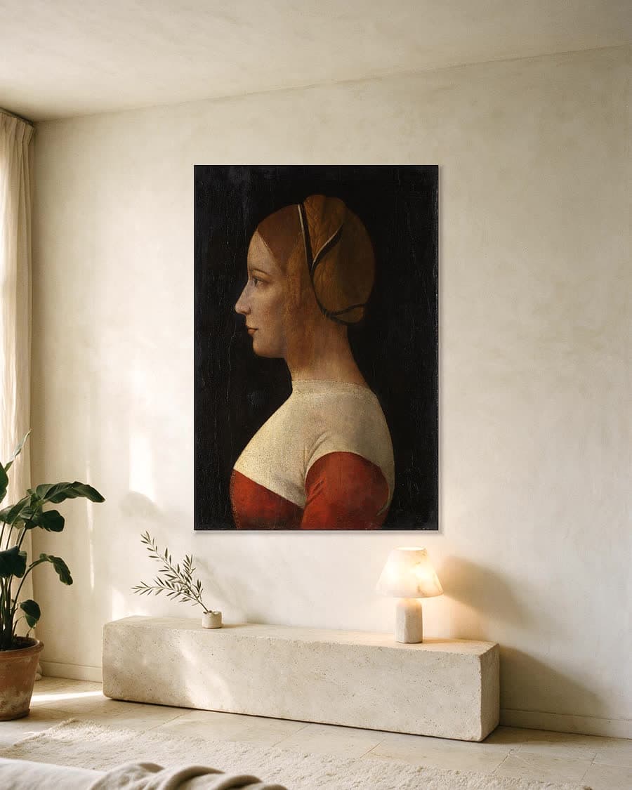 Portret van een jonge vrouw in een aluminium frame aan dezelfde muur