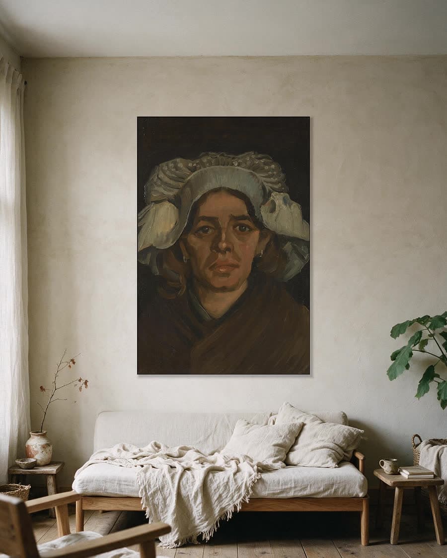 Kop van een vrouw in een aluminium frame aan dezelfde muur