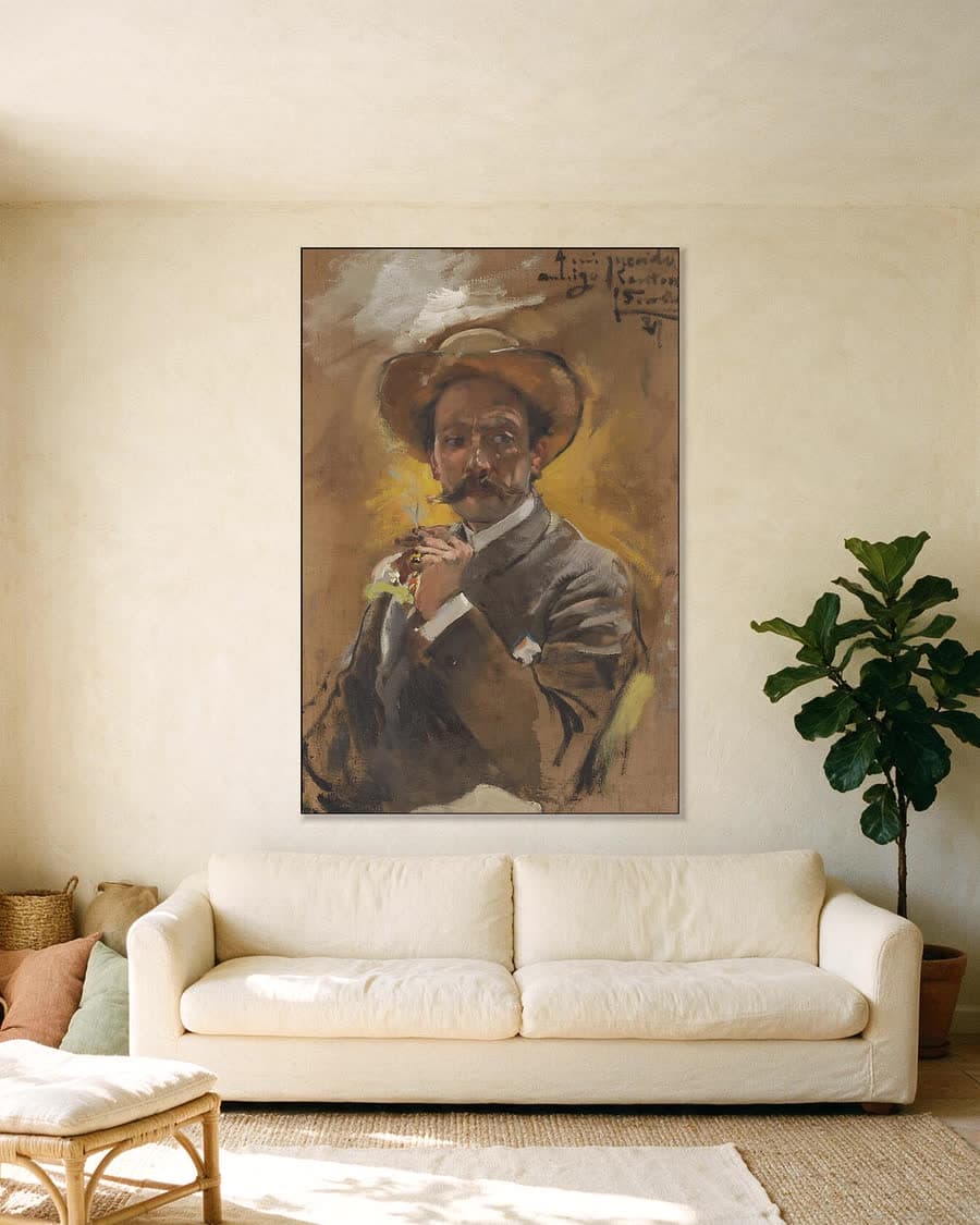 Portret van de schilder Francesco Santoro in een aluminium frame aan dezelfde muur
