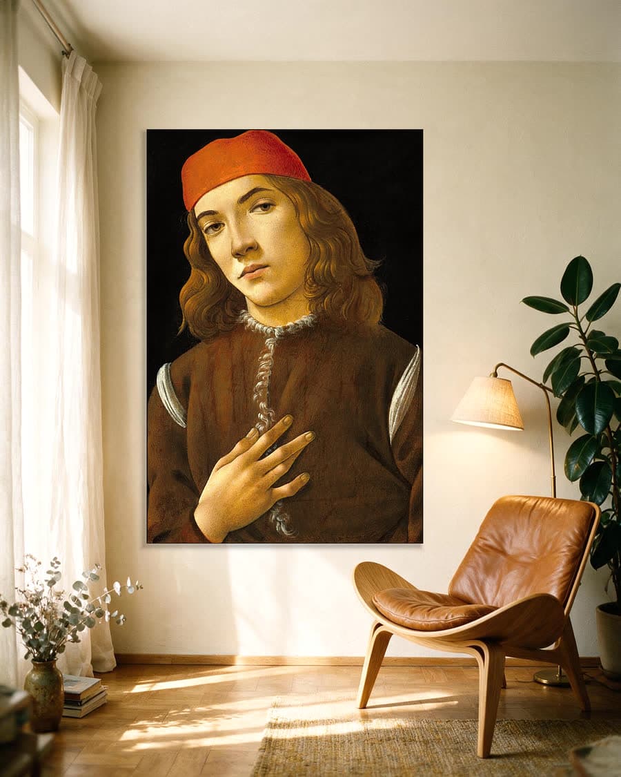 Portret van een Jongeman in een aluminium frame aan dezelfde muur