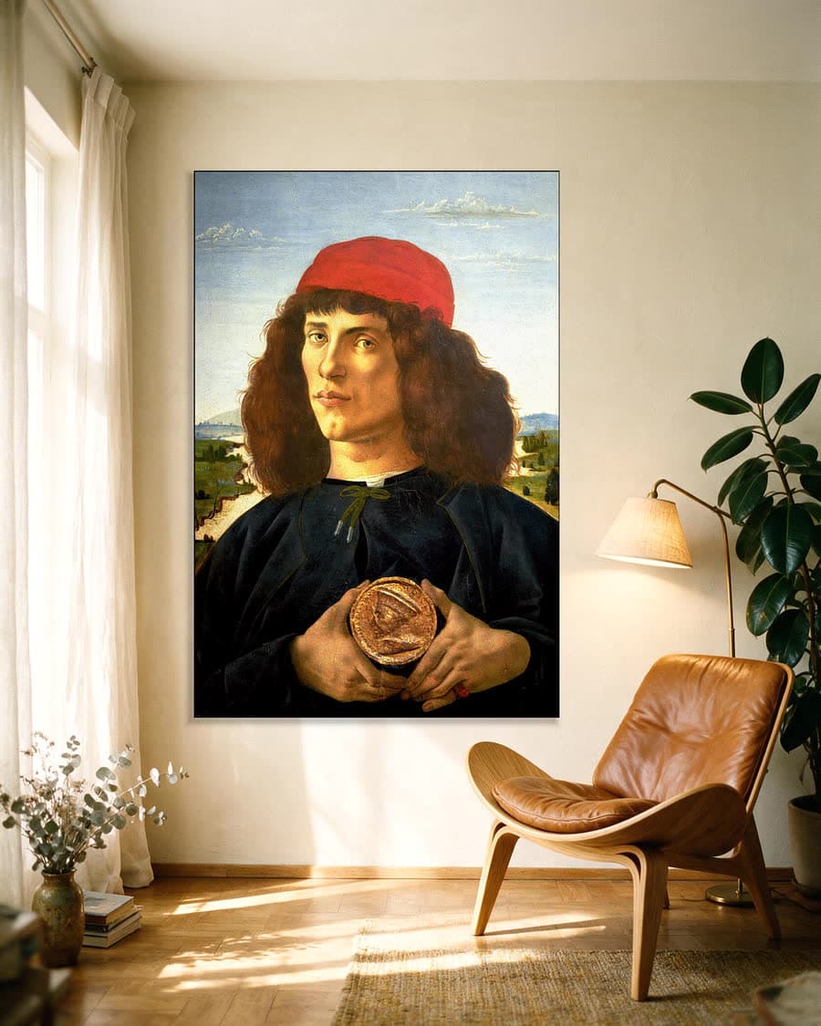 Portret van een man met een medaille van Cosimo de Oude in een aluminium frame aan dezelfde muur