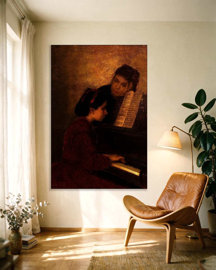 Aan de piano in een aluminium frame aan dezelfde muur