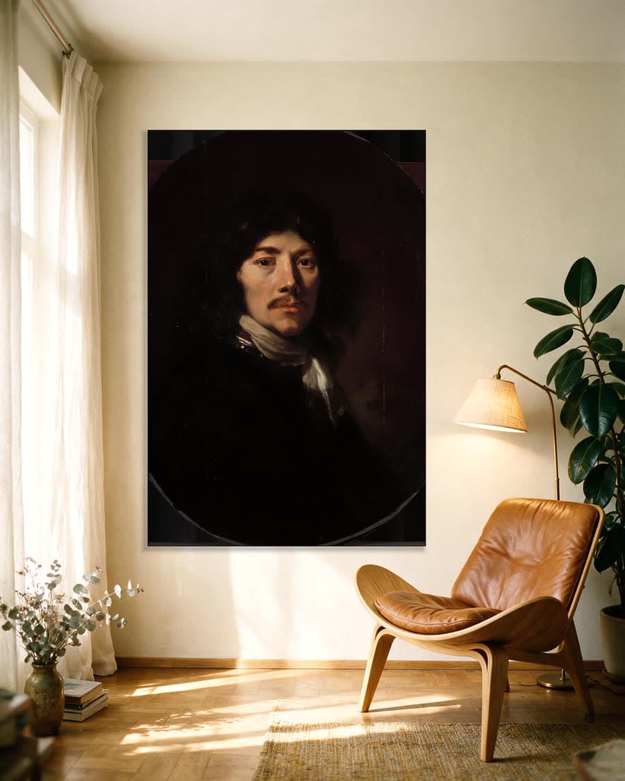 Borststuk van een man, mogelijk een zelfportret in een aluminium frame aan dezelfde muur