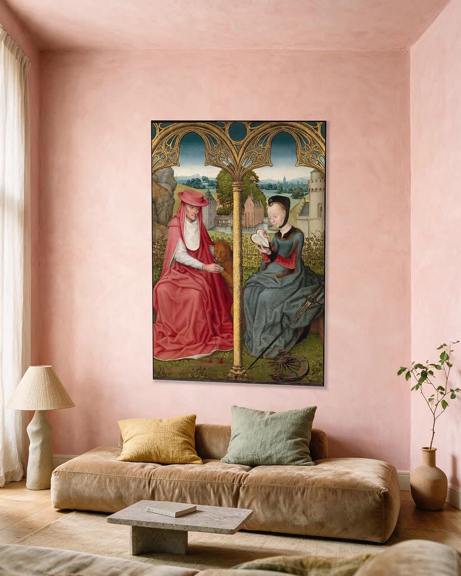 De heilige Hieronymus en de heilige Catharina in een aluminium frame aan dezelfde muur