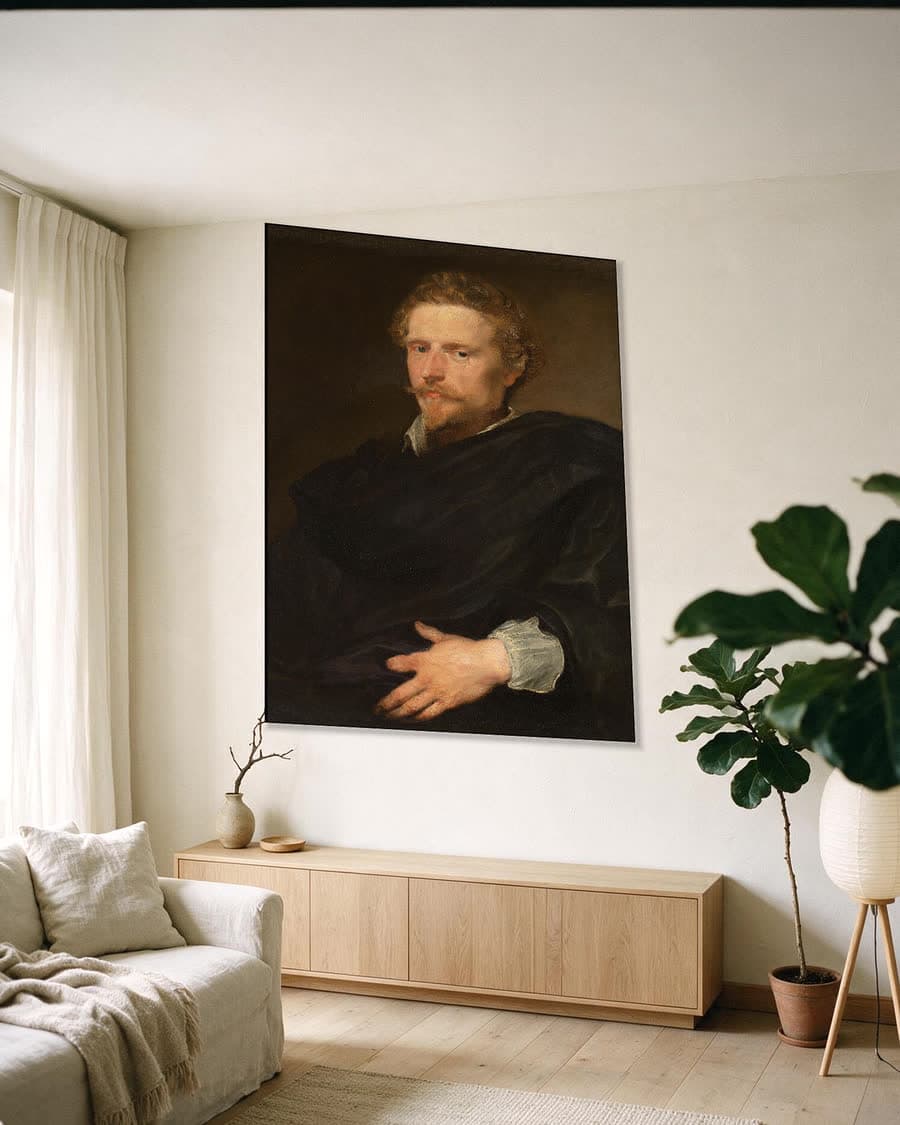 Portret van een man in een aluminium frame aan dezelfde muur