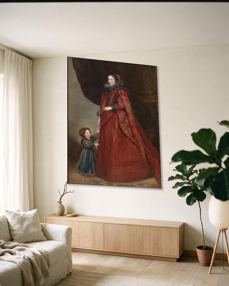 Genuese dame met haar kind in een aluminium frame aan dezelfde muur