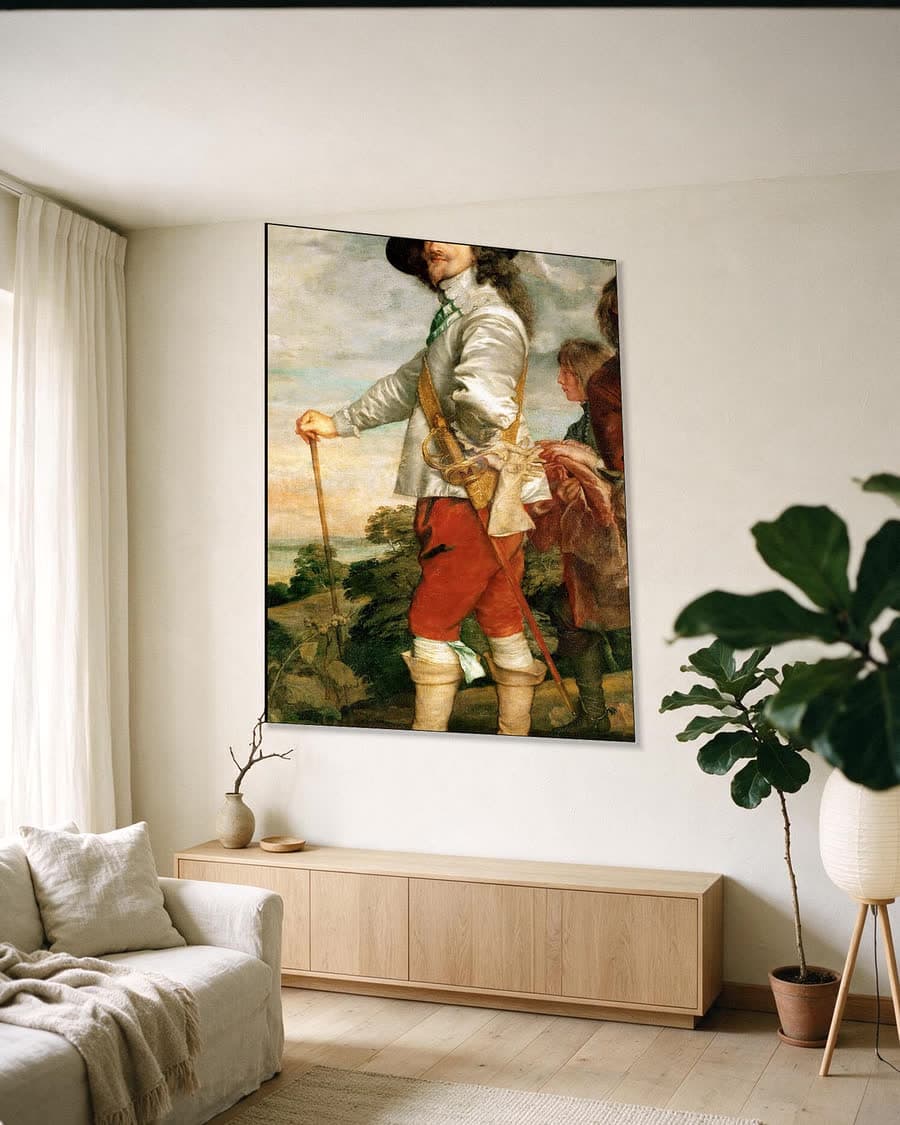 Karel I op jacht in een aluminium frame aan dezelfde muur