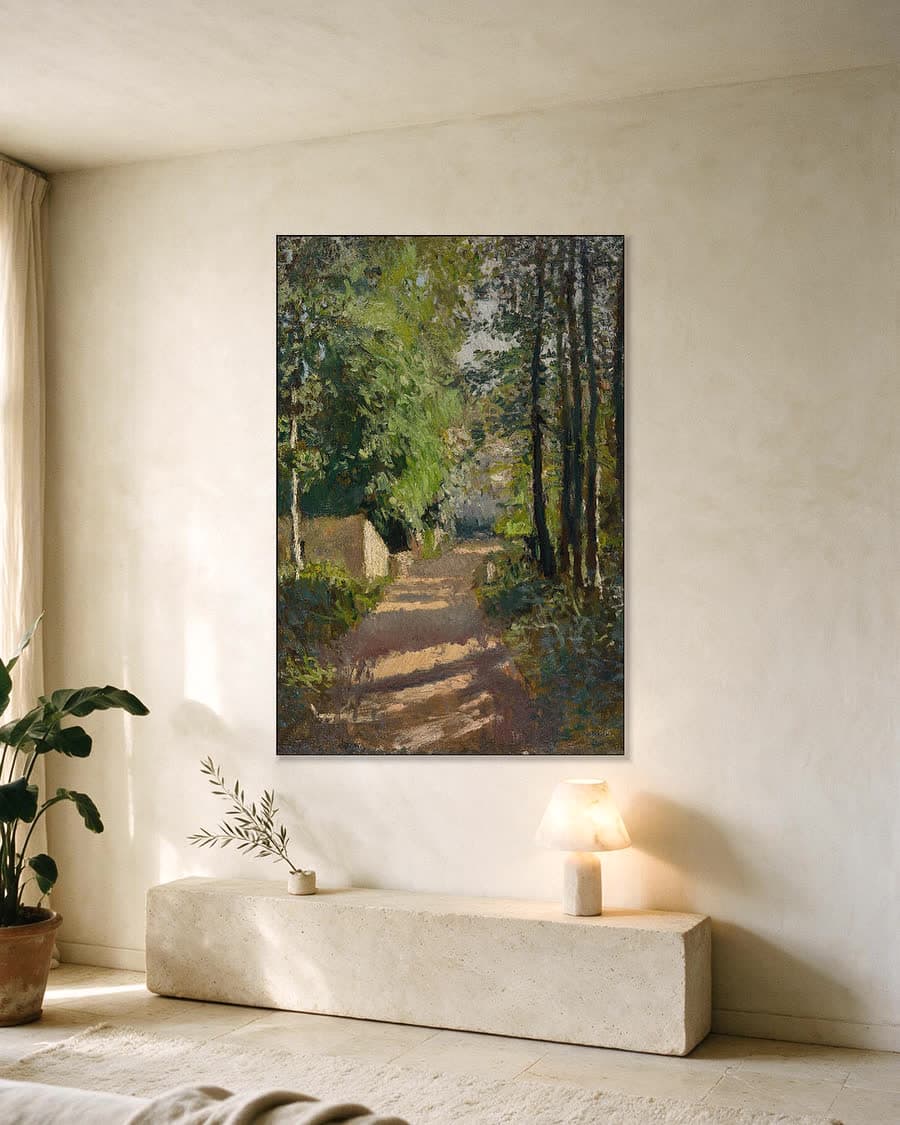Bospad in Normandië in een aluminium frame aan dezelfde muur