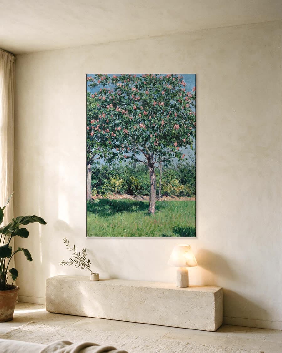 Bloeiende kastanjebomen, vlakte van Argenteuil in een aluminium frame aan dezelfde muur