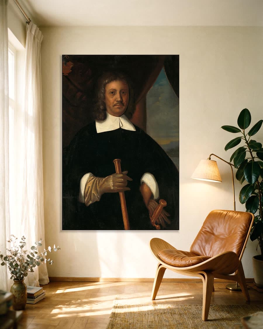 Portret van een man, bekend als het portret van Anthony van Riebeeck in een aluminium frame aan dezelfde muur