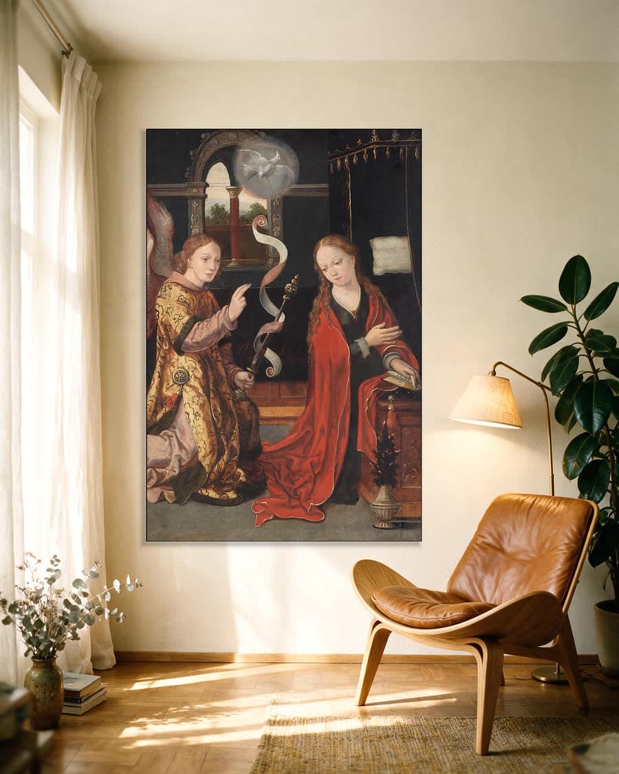 De annunciatie in een aluminium frame aan dezelfde muur