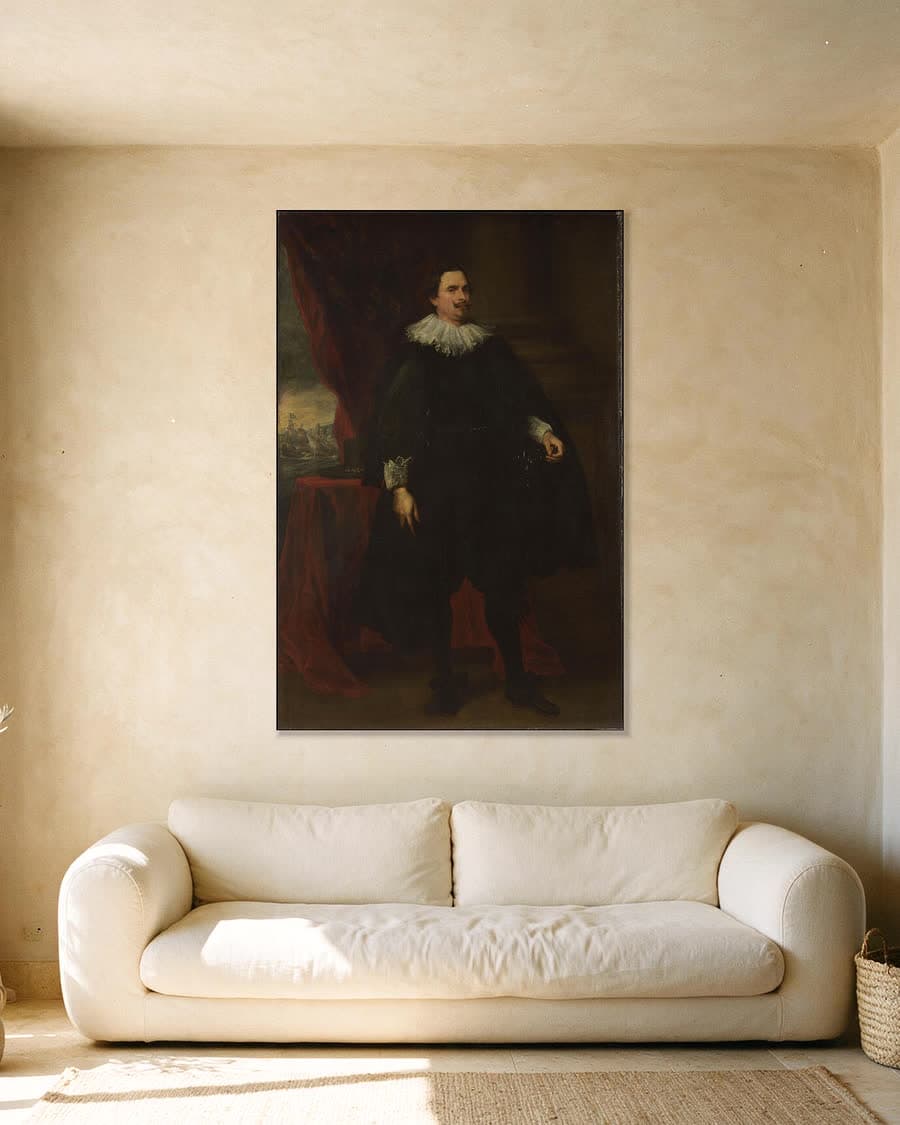 Portret van een man uit de familie Van der Borght in een aluminium frame aan dezelfde muur